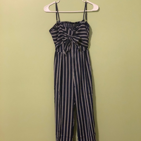 Jumpsuit Navy and White Stripes Bow Pants Straps - Picture 4 of 7